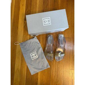 Chanel Transparent Jelly Mules With Silver CC Logo Size 37 VINTAGE